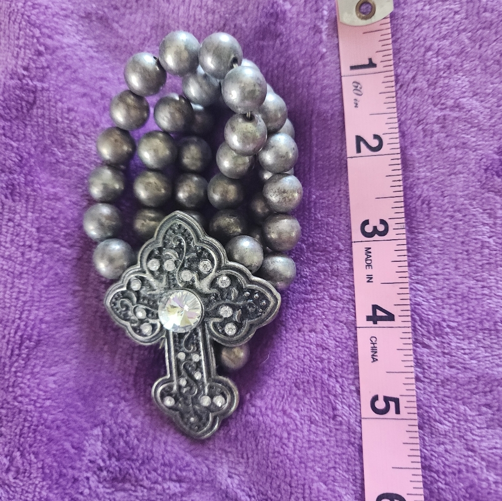 Silver Beaded Cross Bracelet